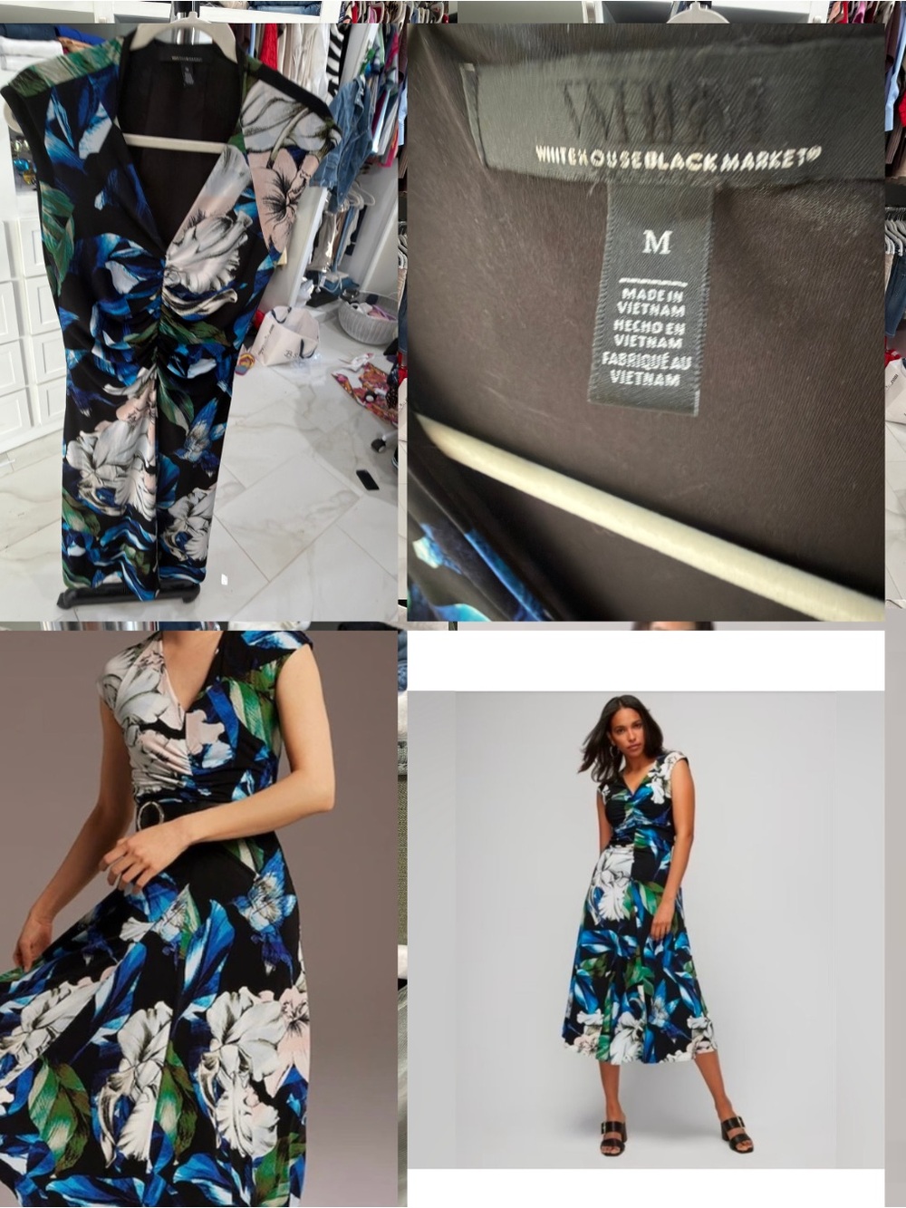 White House Black Market Black Floral & Blue Leaf Wrap Midi Dress